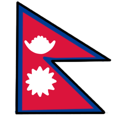 The flag of Nepal. It is shaped like two triangles, one on top of the other. It is red with a blue outline, and in each triangle part is a white symbol.